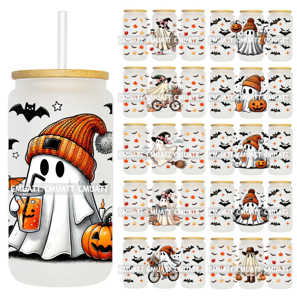 Halloween Cute Ghost Coffee Pumpkin UV DTF Stickers Durable Waterproof Adhesive Wrap Transfer Printing For 16oz Libbey Glass Cup