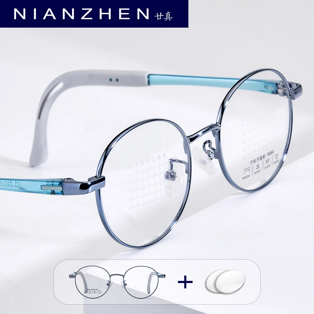 NIANZHEN Anti Blue Prescription Eyeglasses Teenage Myopia Optical Lens Student Eyewear Round TR90 Metal Kids Glasses Frame 34687