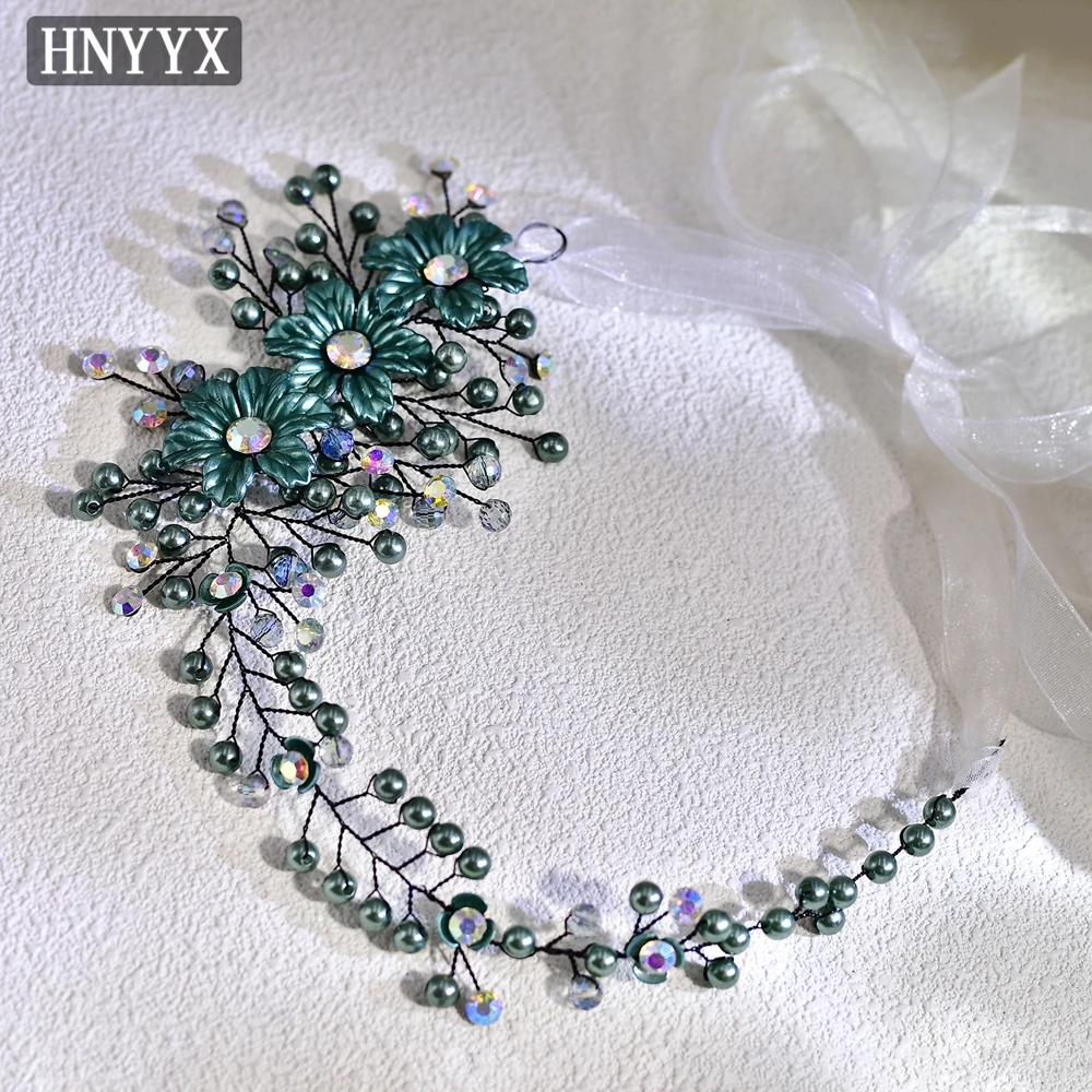 HNYYX Retro Green Rhinestone Hair Accessories Colored Crystal Beaded Jewelry Alloy Flower Headpieces Elegant Ladies Tiara A224