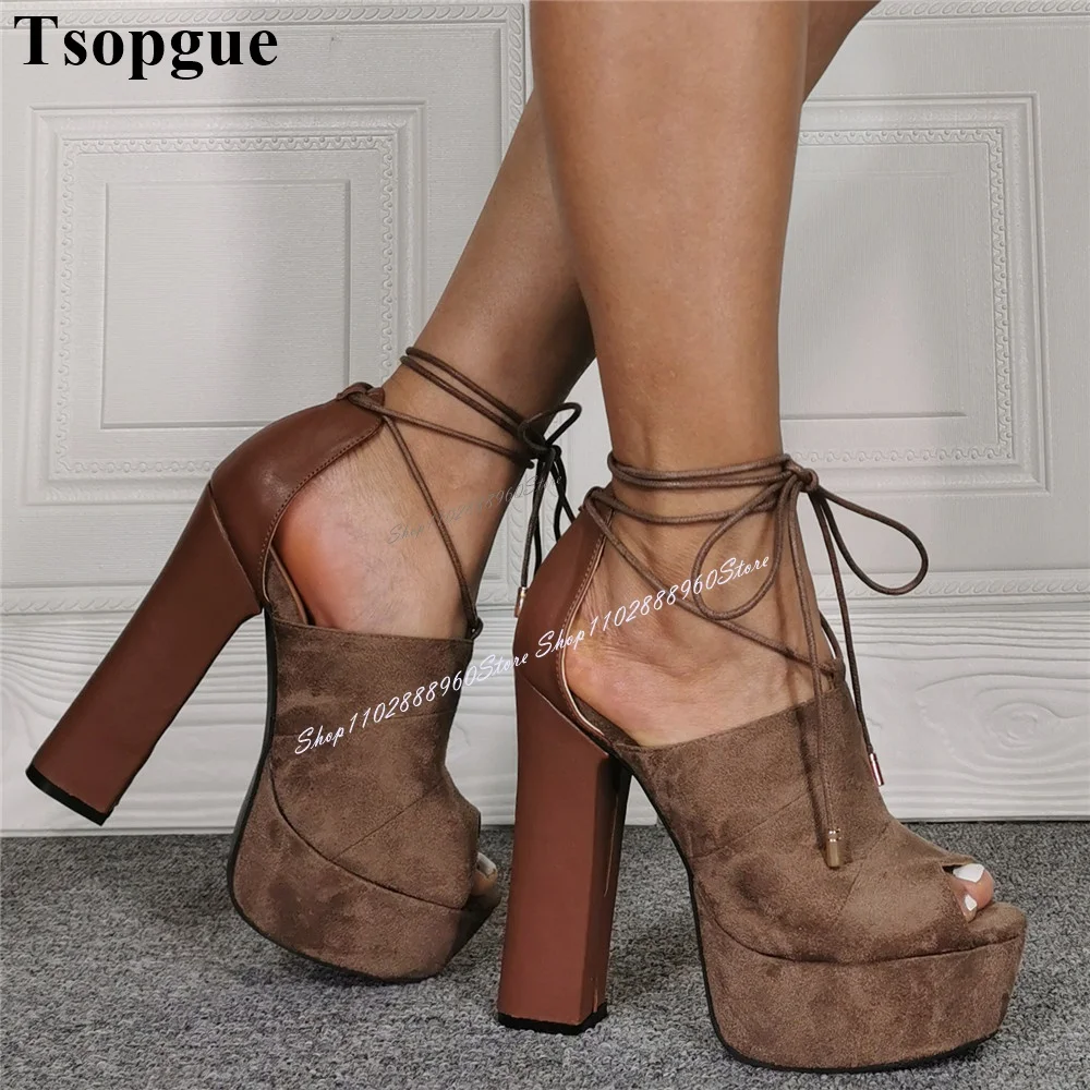 Lace-Up Coffee Color Flock Leather Platform Sandals Chunky High Heel Women Shoes Peep Toe 2024 Fashionable Zapatos Para Mujere