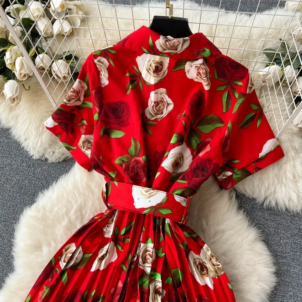 2024 Summer Women Floral Pleated Dress Vintage Turn-Down Collar Short Sleeve Single Breasted Printed Draped Midi Vestidos New