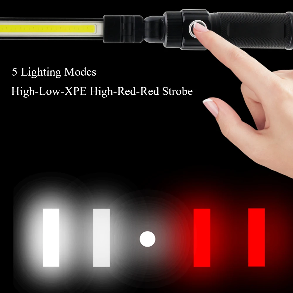 COB XPE LED Camping Emergency Flashlight 18650 USB Garage Work Light 360° Folding Magnetic Inspection Lamp Red SOS Strobe