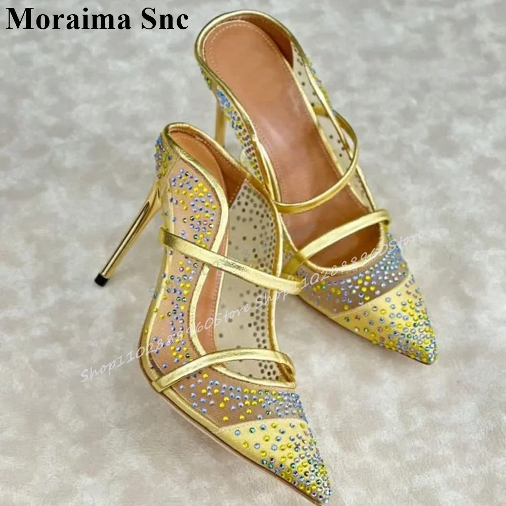 

Yellow Air Mesh Crystal Front Strip Half Slippers Stilettos High Heel Shoes For Women Slip On Pointed Toe Gorgeous Banquet Shoes