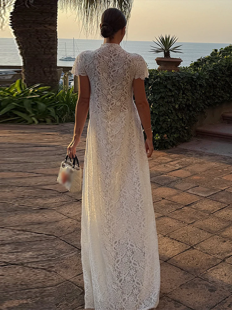 Lace Women Beachwear Chic Hollow Out High Collar Short Sleeve Pullover Tail And Long Wide Leg Pant 2026 Summer Outfit Vacation