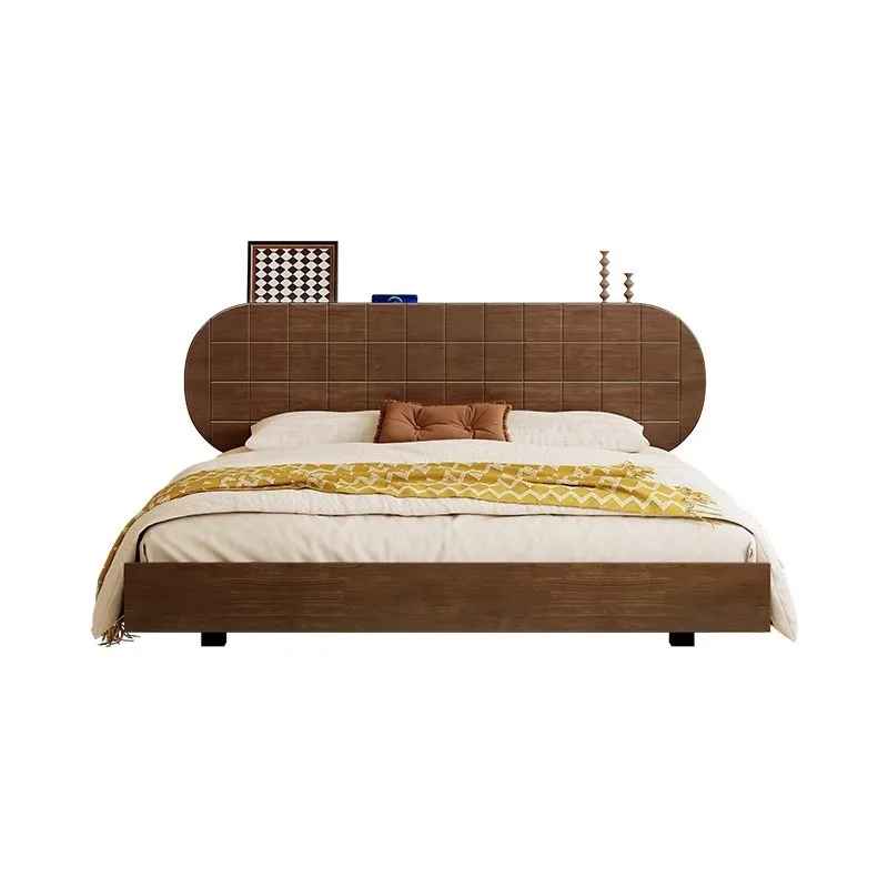 Medieval style full solid wood bed, modern simple walnut double bed, Nordic retro floating bed
