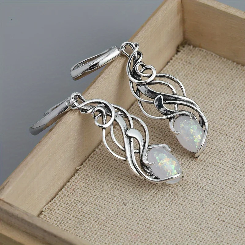 Delicate Oval Shaped Imitation Opal Earrings Classic Vintage Silver Color Metal Dangle Earrings Jewelry