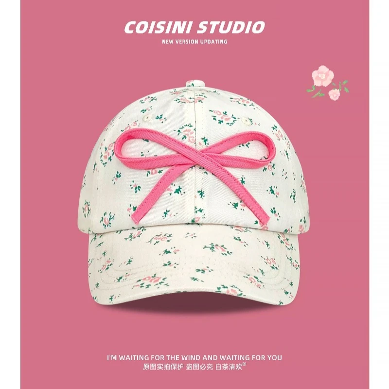 Korean Small Fresh Floral Bow Baseball Caps for Women in Spring and Summer Sweet and Versatile Sunshade Adjustable Baseball Hat