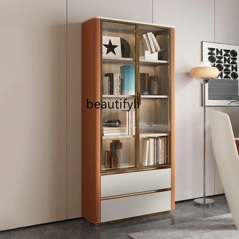 2003 Light Luxury Saddle Leather Living Room Display Cabinet Glass Door Locker Storage Model Display Cabinet