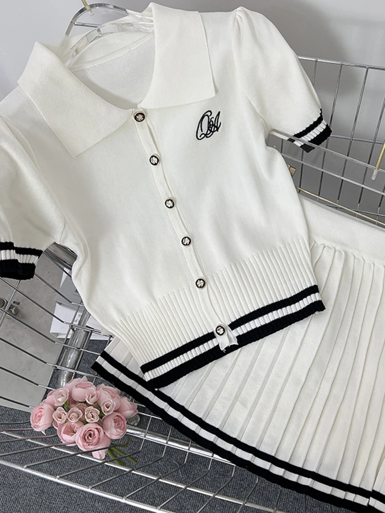 New Korea Fashion Stripe Knitted Suits Women Short Sleeves Top + Pleated A Line Skirt Summer Casual Streetwear Two Pieces Sets