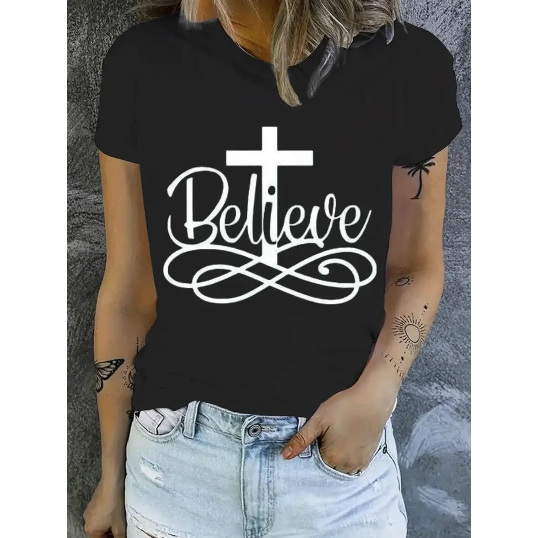 

100% Pure, Pattern Printed Round Neck Short Sleeved Women'S T-Shirt, Cool, Breathable And Comfortable T-Shirt for Summer