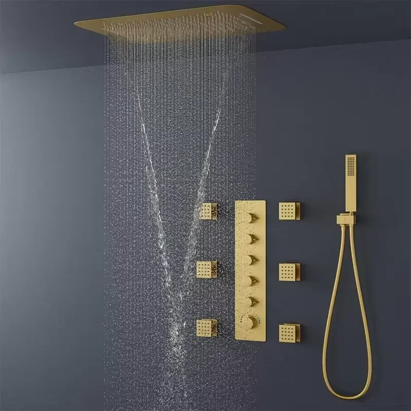 Polished Brass Rainfall Shower Head Thermostatic Wall Mount Brushed Gold Rain Shower Set Soft Jet Body Sprayer with Massage
