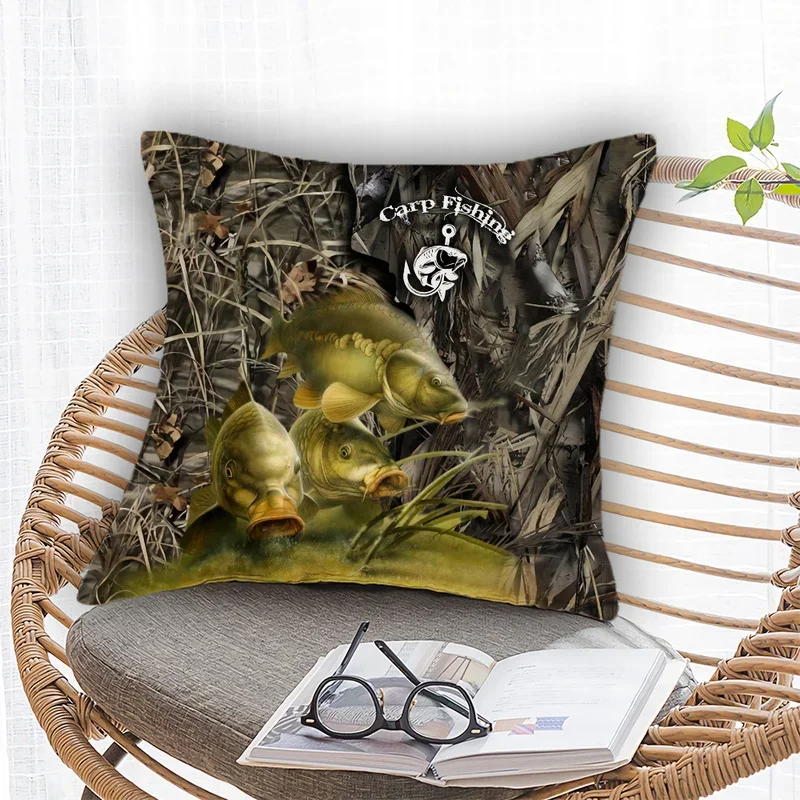 Fishing Bass Carp Printed Pillowcase Home Office Decorative Pillowcase Invisible Zipper Peach skin polyester pillowcase