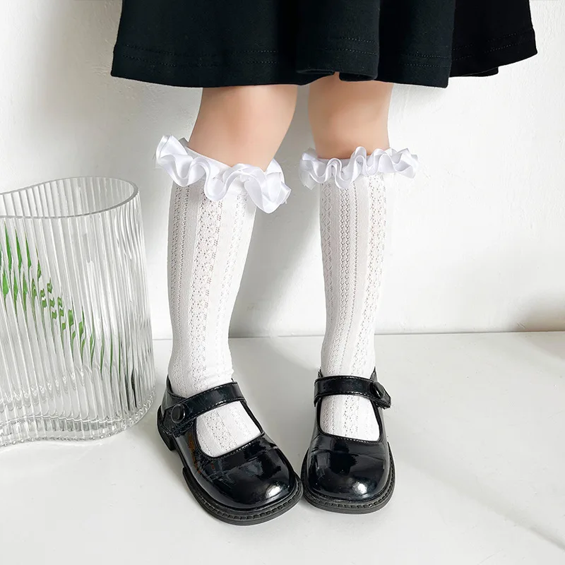 

Cute Girls Ruffle Frilly Knee High Princess Cotton Socks Kids White School Stocking