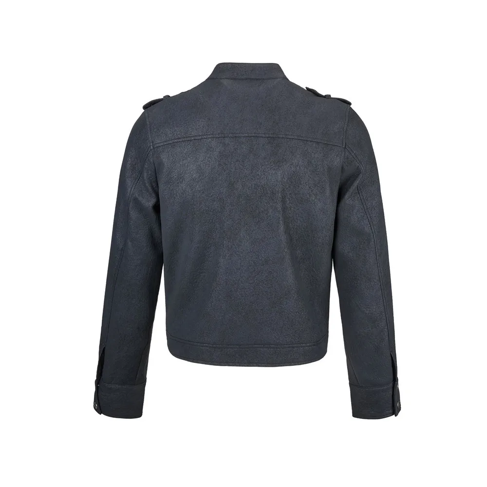 MWJLPWQ Stylish Short Stand-Up Collar PU Jacket For Men Autumn Winter Trendy Metal Double Row Buttons Slim Fit Casual Tops 20189