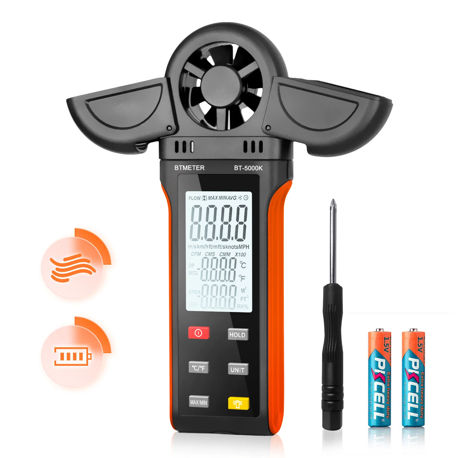 

Handheld Anemometer for Measuring Wind Speed, BT-5000K Digital Air Flow Meter with Vane Cover & 270º Rotatable Detector