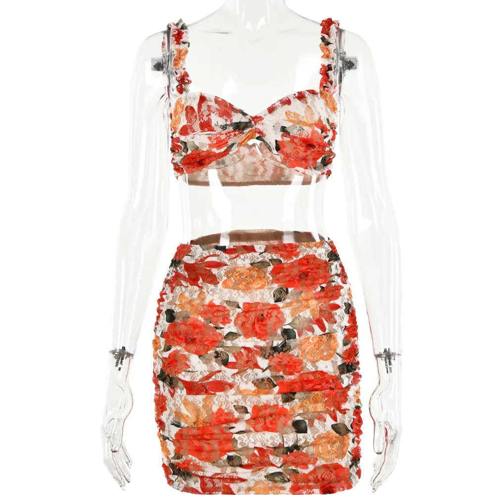 Bralette estiva Sexy di alta qualità e minigonna arricciata a vita alta in pizzo stampato floreale 2 pezzi