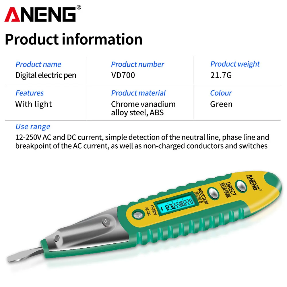 ANENG VD700 الذكية عدم الاتصال القلم مفك LCD شاشة ديجيتال صفر خط التعرف على التيار المتناوب/تيار مستمر 12-250 فولت أدوات اختبار الكهربائي