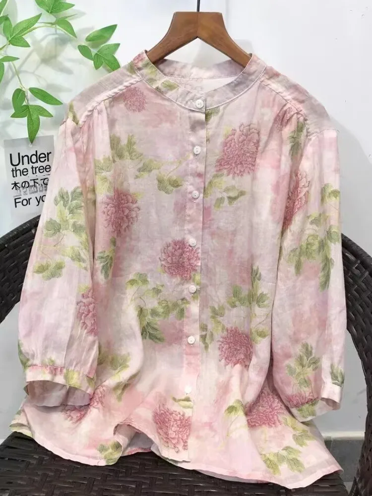 Digital Unique Cotton Linen Shirt Women's Spring Summer Breathable Comfortable Peony Floral Print Stand Collar Thin Outerwear