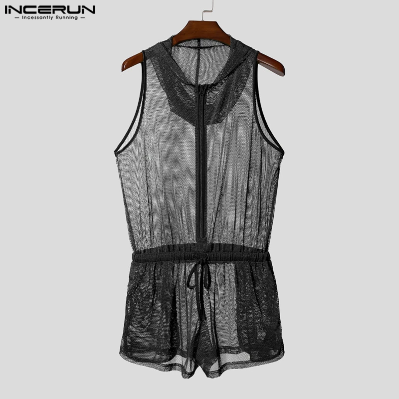

INCERUN Men Bodysuits Mesh See Through Sexy Hooded Solid Rompers Men Sleeveless Zipper Drawstring Fashion Male Playsuit Bodysuit