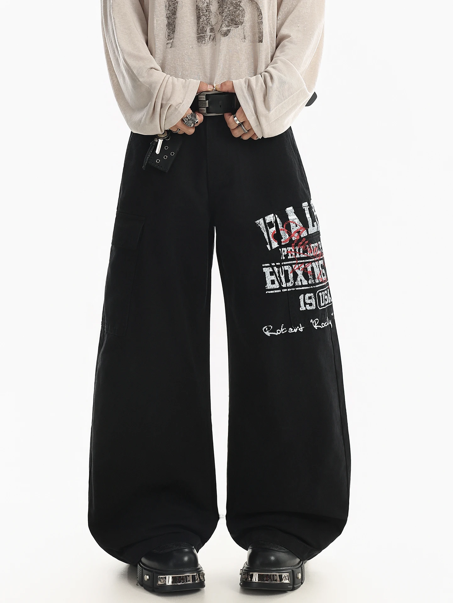 BETEBULE American Style Straight Leg Work Pants Men Spring Handsome Loose Wide Leg Long Trousers Casual Printed Pants