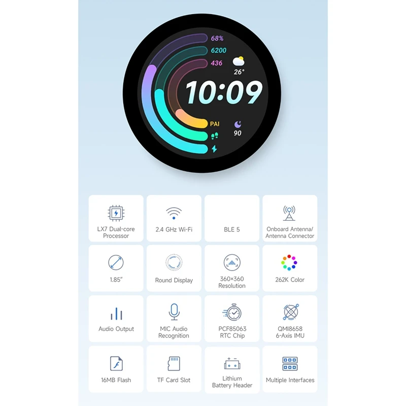 DN-ESP32-S3 1,85-дюймовый круглый дисплей, макетная плата, 32-битный двухъядерный процессор LX7, экран 360X360 для Wi-Fi и Bluetooth