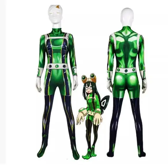 Tsuyu Asui 코스프레 의상 바디 슈트 애니메이션 My Hero Academia 할로윈 의상 여성 어린이 소녀 점프 슈트 바디 슈트 Onesie