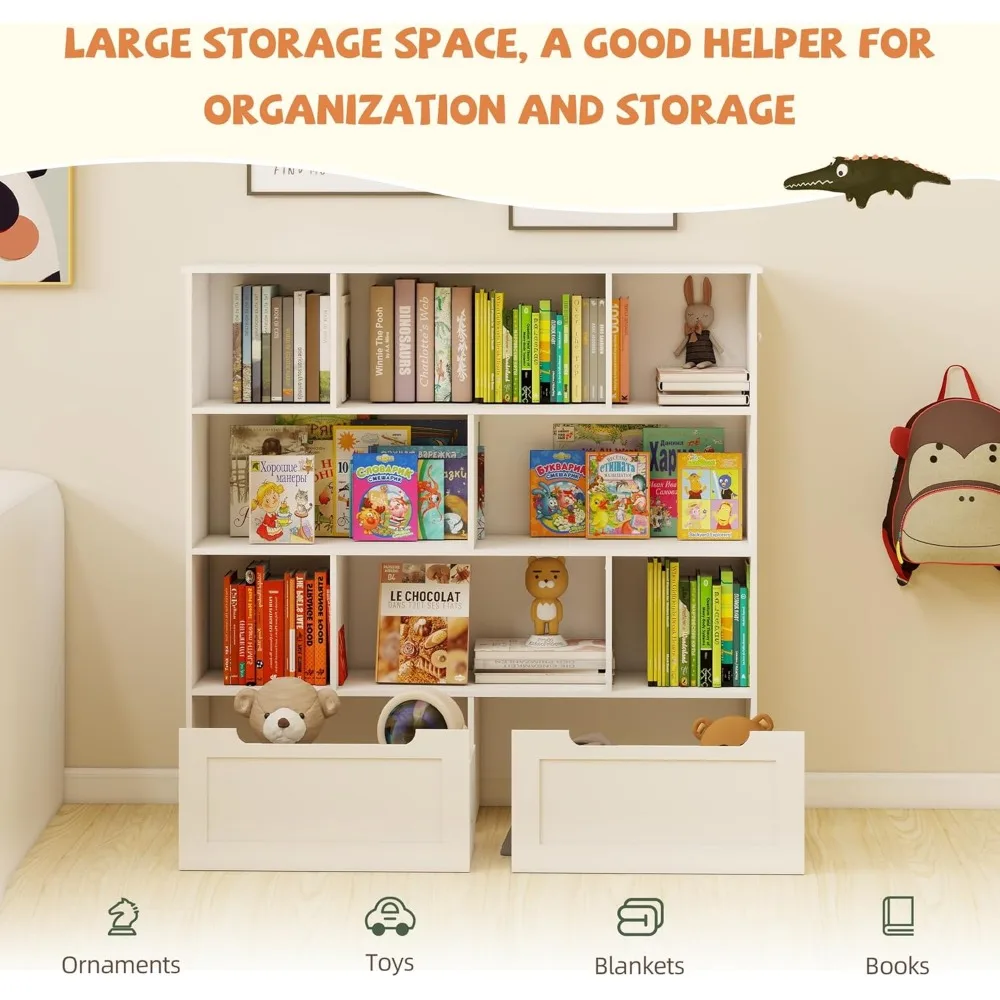 منظم تخزين ألعاب الأطفال مع درجين، ورف كتب للأطفال وخزانة تخزين، مثالي لتنظيم الألعاب والكتب