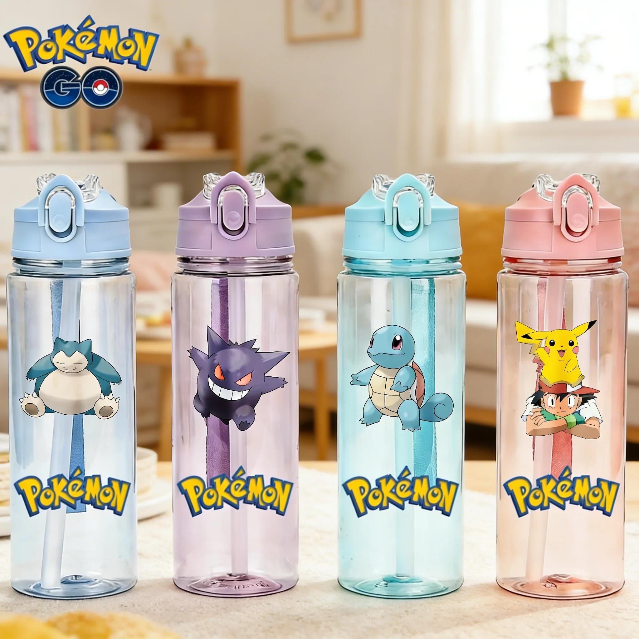 Nueva Botella de Agua Pokémon de 750 ml, Botella de Agua Deportiva de Plástico con Diseño de Anime para Niños, Kawaii Gengar, Gran Capacidad, Regalo