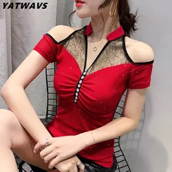 High Quality Summer Short Sleeved Women's T-Shirt Fashion Sexy Hollow Out Off Shoulder Female Slim Tees Chic Diamonds Button Top