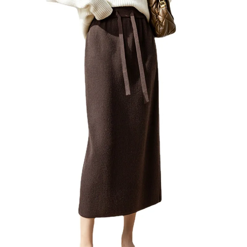 Outono inverno nova moda feminina cor sólida simples básico casual na moda cordão tornozelo comprimento saias de malha roupas femininas
