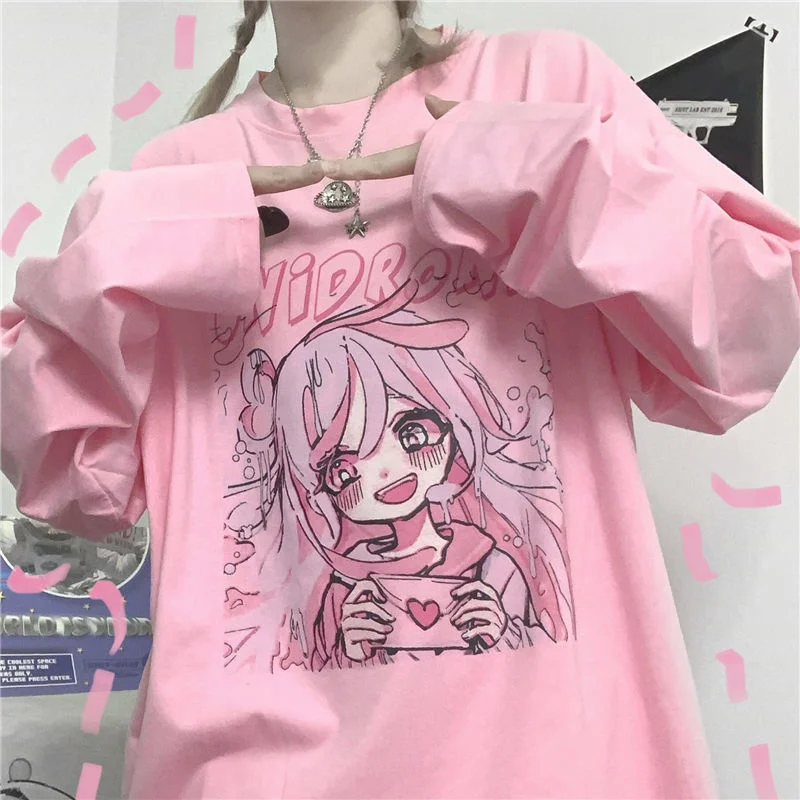 

Kawaii Japanese Preppy Style Cute Sweet Girly Printed Loose Long Sleeved T Shirt New Casual Gothic Pink Student Tops Streetwear