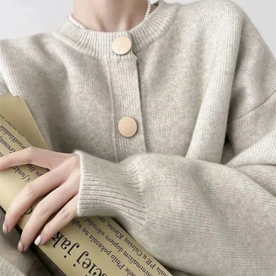 Pull cardigan à col rond pour femme, manteau à simple boutonnage, couleur unie, automne, hiver
