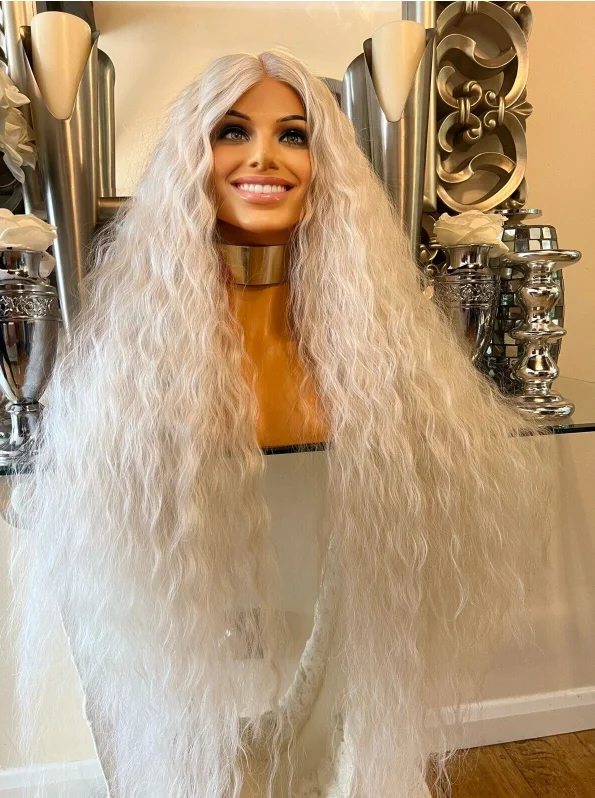 White Deep Wave Lace Frontal Wig 13x4 Curly Wigs Glueless Synthetic And Blend Lace Wig For Women Heat Resistant Cosplay Party