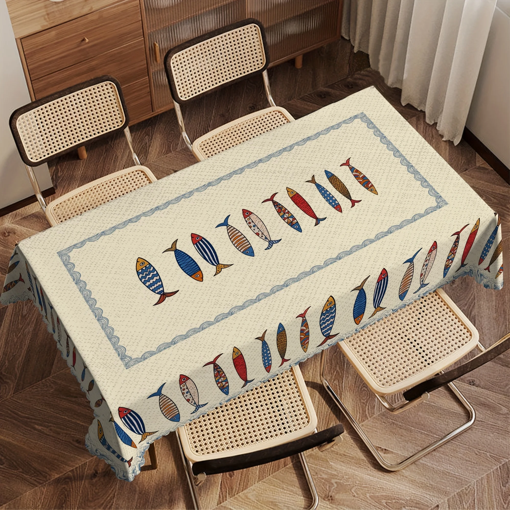 1pc Blue Fish Tablecloth, Ocean-themed Home Decoration, Summer Decor, Gift for Fishing Lovers, Polyester, Ideal for Kitchen