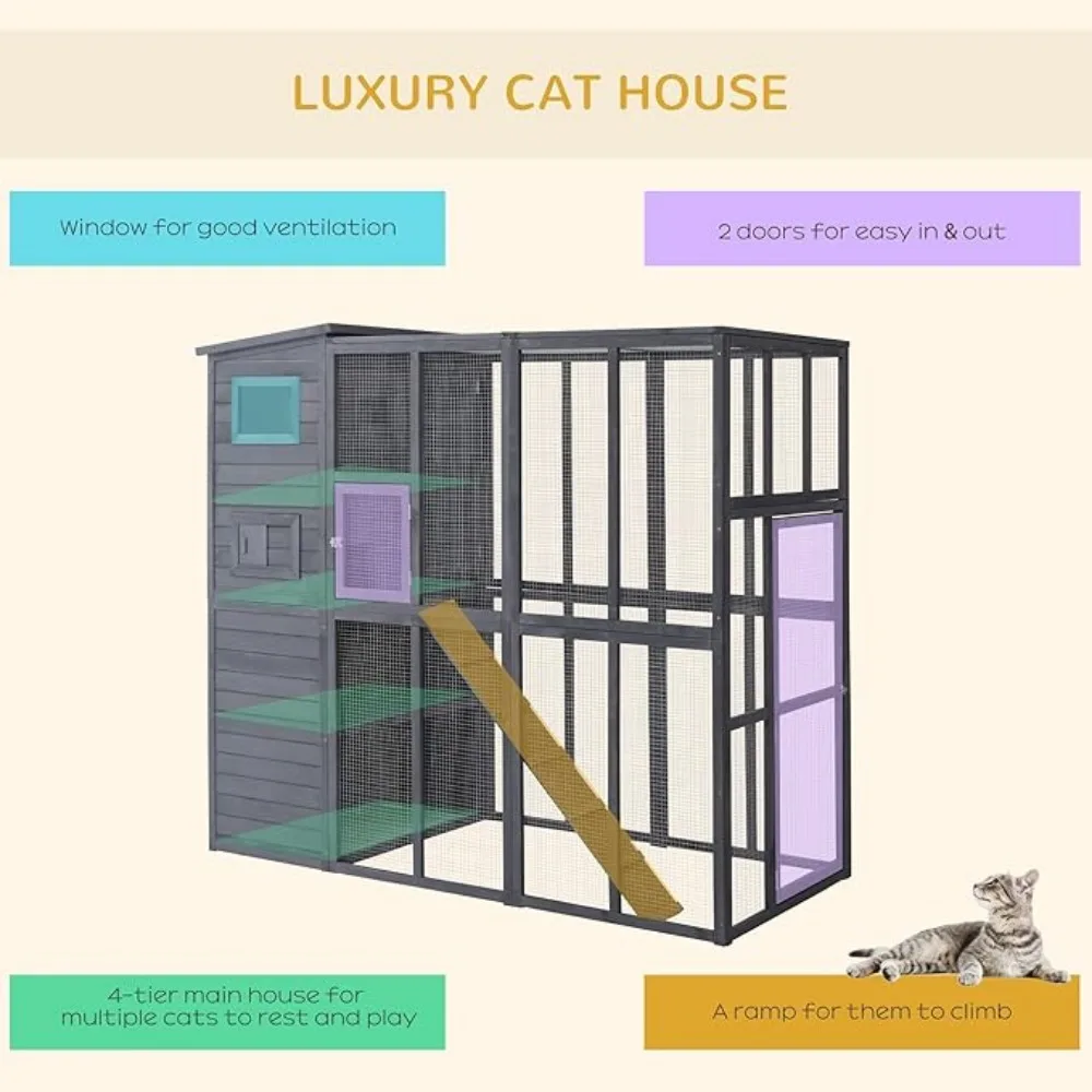 Casa para gatos al aire libre, refugio para gatos Feral de madera, jaula para gatos con plataformas, techo de asfalto impermeable, rampas, 77" de largo, gris