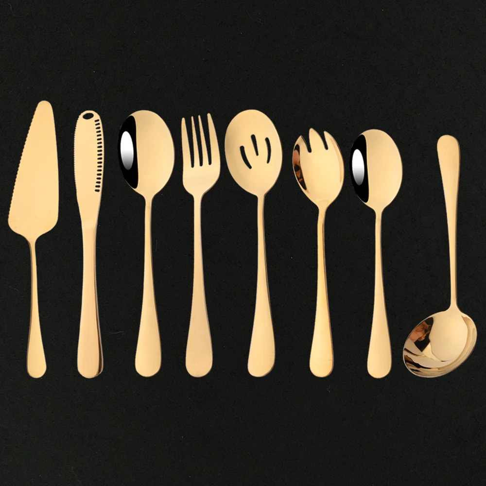 

8Pcs Gold Cutlery Serving Utensils Dinnerware Set Buffet Catering Flatware Serving Colander Spoons Fork Butter Knife Silverware