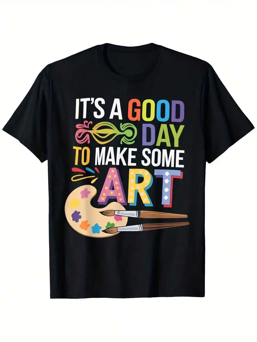 Hirt - Black With Colorful Paint Splatter And Art Tools Pattern, Breathable Polyester Stretch Fabric, Casual Crew Neck Short Sleeve T-Shirt, Plus Size