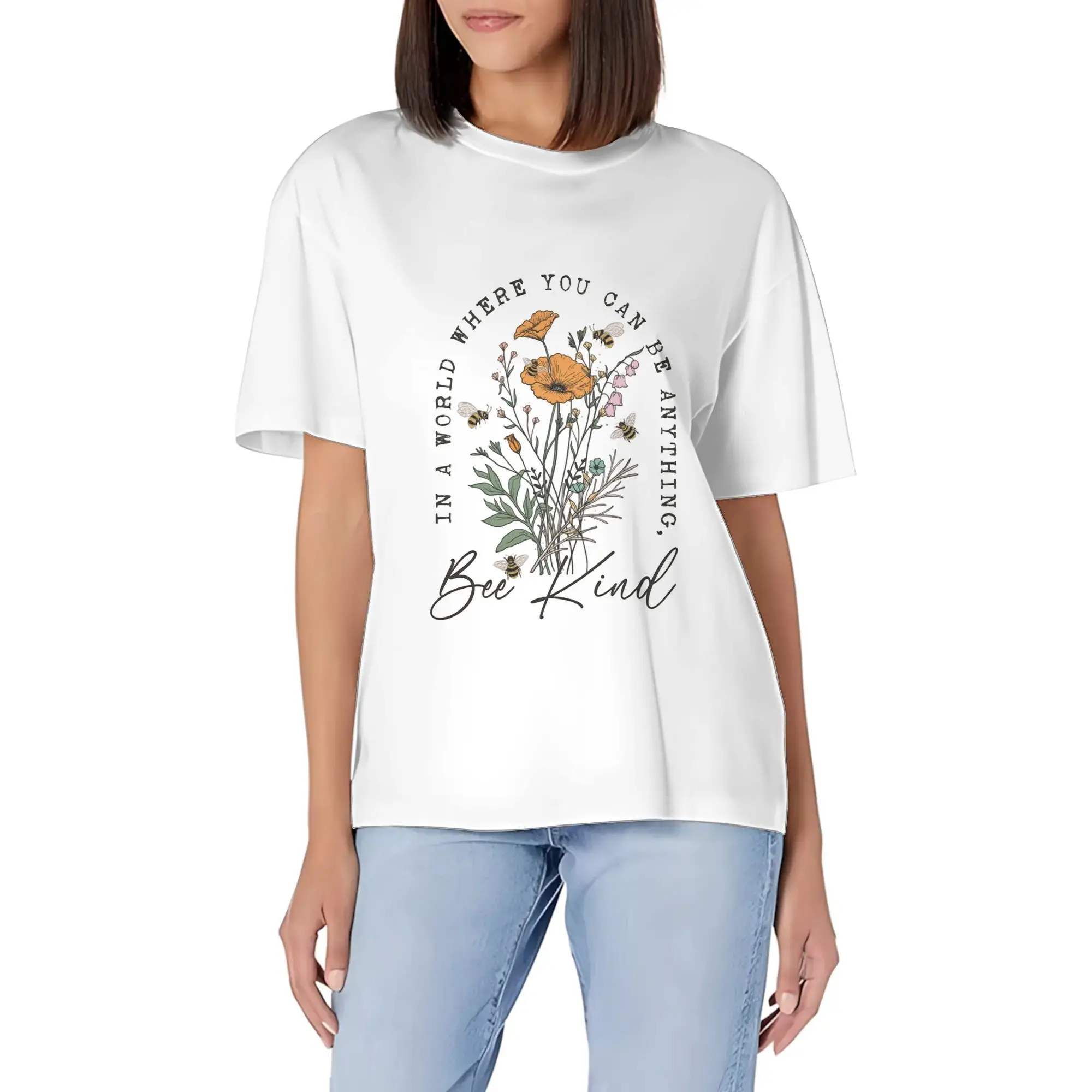 Fresh Style Flowers Bees In A World Where You Print Short Sleeve Round Neck Pure T Shirt, Tops For Vacation Outfits For Women