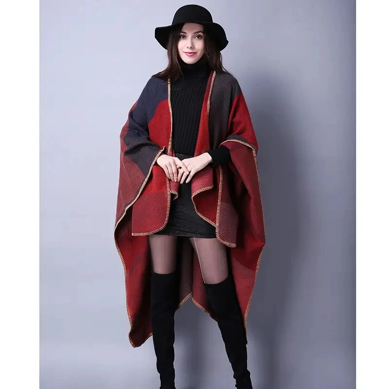 Vintage Color Block Shawl Imitation Cashmere Warm Warm Wrap Boho Large Blanket Scarf Poncho Capes Thickend Cloak For Outdoor