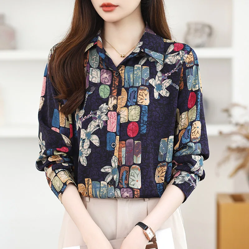 Women Clothing Fashion Printing Long Sleeve Chiffon Shirts Spring Autumn New Casual Loose Turn-down Collar Blouses Chic Y2k Tops