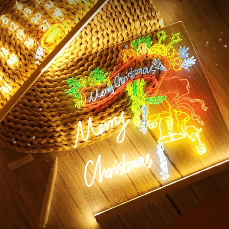1 Set LED Acrylic Message Board with Night Light, Dimmable DIY Drawing Board & Decor for Home Office, Includes 7 Color Pens