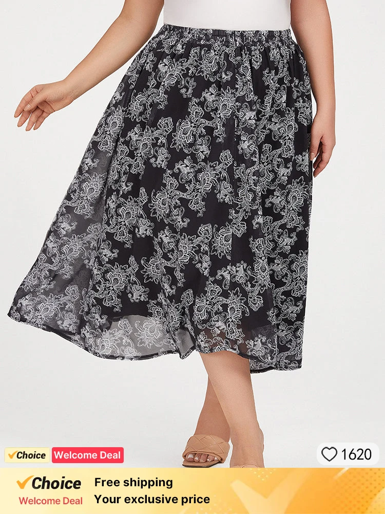 

Plus Sized Clothing Women Black Floral Elastic Waist Skirt Spring Summer Slim Long A-Line Flower Skirts Ladies Clothing