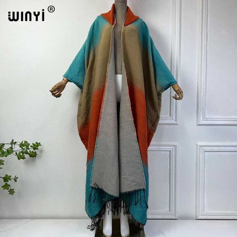 WINYI cappotto invernale abiti donna boho dress stampa spessa calda caftano femminile cardigan allentato abito con cappuccio mop coat fashion Abaya