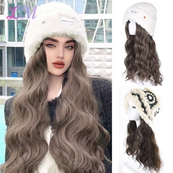 LM Long Synthetic Fluffy Natural Wave Wavy Curly Hair Wigs with Hat Knitted Cap Naturally Connect Adjustable Hat Wig