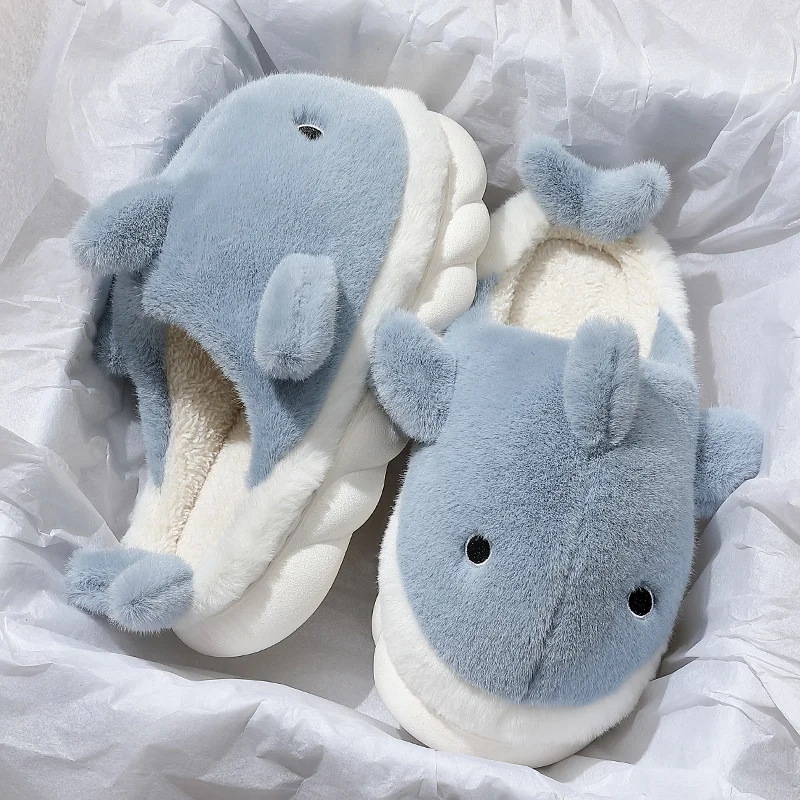 

Funny Animal Shark Cotton Slippers Women's Thick Soles Home Slipper 2022 Winter New Warm Non Slip Lovely Plush Couple Slippers