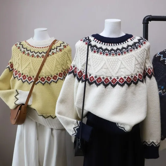 

Thiened round Ne Pullover Sweater Women's Korean Sle Loose Fit Soft Knitted Winter Spring Autumn New Year Retro Lazy Sle