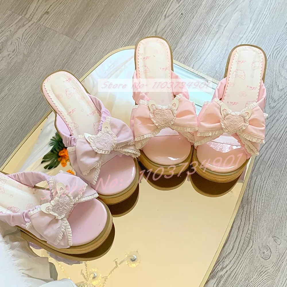 Bowknot Lolita Sweet Heart Slippers Women Lovely Casual Thick Soled Outside Comfy Mid Heels Shoes Trendy EVA Wood Pattern Mules