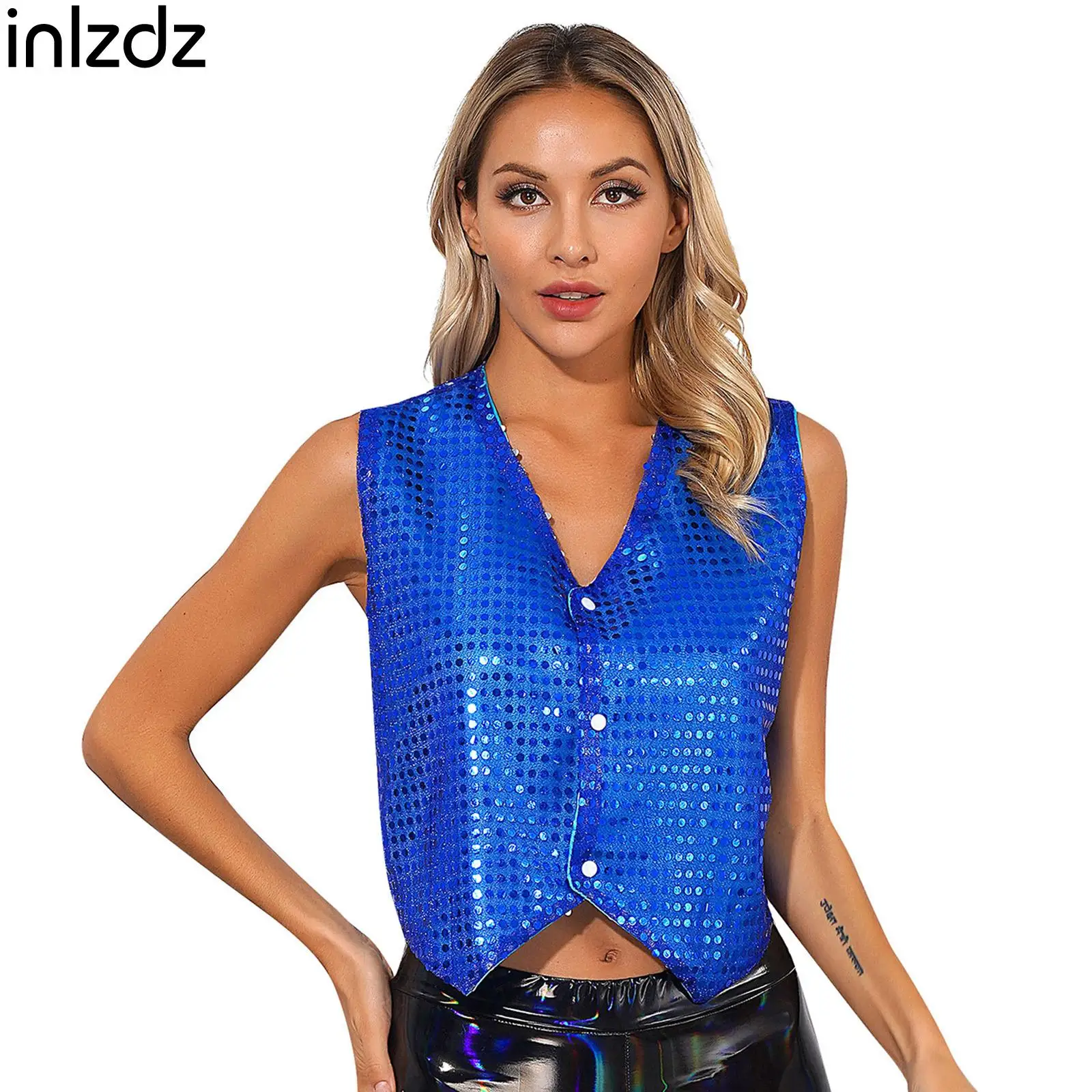 

Fashion Women Glitter Sequins Jazz Hip-pop Street Modern Dance Vest Waistcoat Costume for Choir Stage Performance Party Clubwear