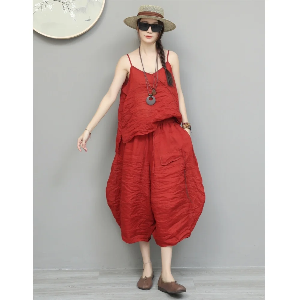 

Artistic Style Lightweight Ramie Suit Women 2026 Summer Asymmetrical Camisole + Loose Casual Lantern Pants Two-piece Set XY199