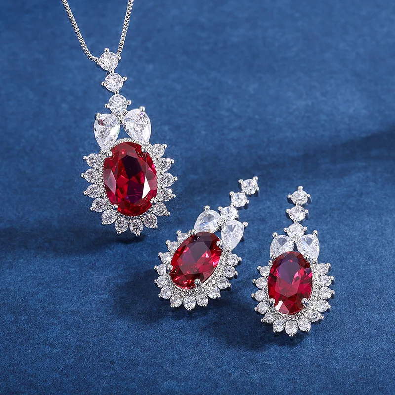 New High-end Jewelry Luxury Inlaid Retro Red Jewelry Set Earrings Main Stone 8*12 Pendant 10*14 Jewelry